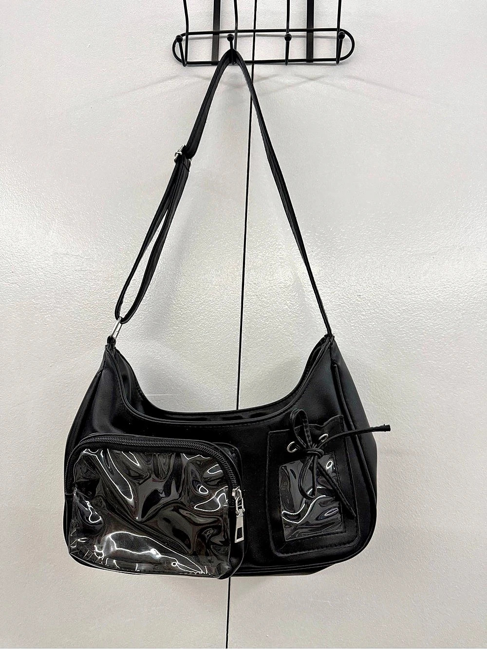 Y2K Black Faux Leather Utility Shoulder Bag Clear Pockets